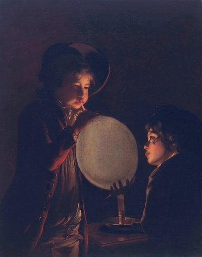 Twee jongens bij kaarslicht, een blaas opblazend, ca. 1767-73 door Joseph Wright of Derby